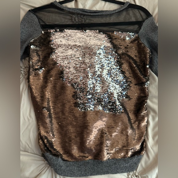 Sachin + Babi Sweaters - Sachin + Babi Grey Flip Sequin Gold Sheer Black Mesh Sweater Long Sleeve Top
